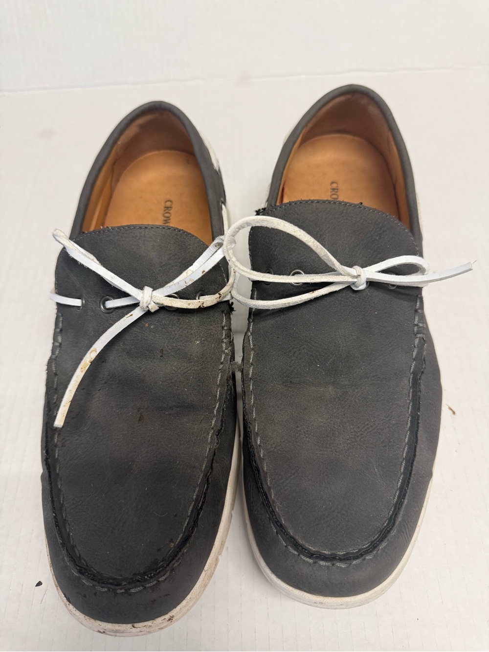Crown Vintage Dark Gray Leather Boat Shoes with White Laces